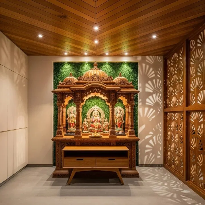 Pooja mandap reference showing a carved canopy over the deity platform (reference 08)