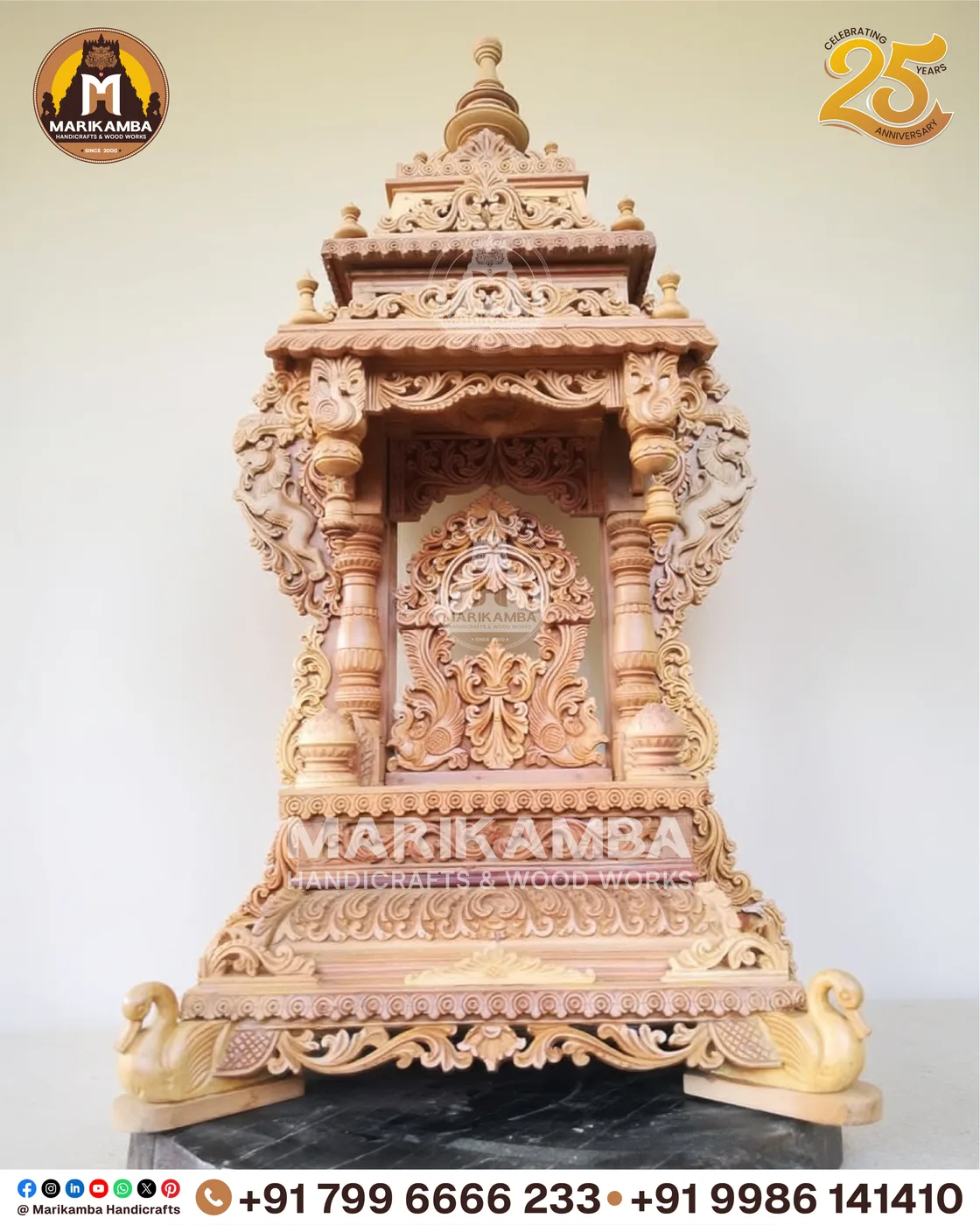 Wooden home mandir with turned pillars and a lotus-carved arch, made in Sirsi, Karnataka — piece 62 of the collection