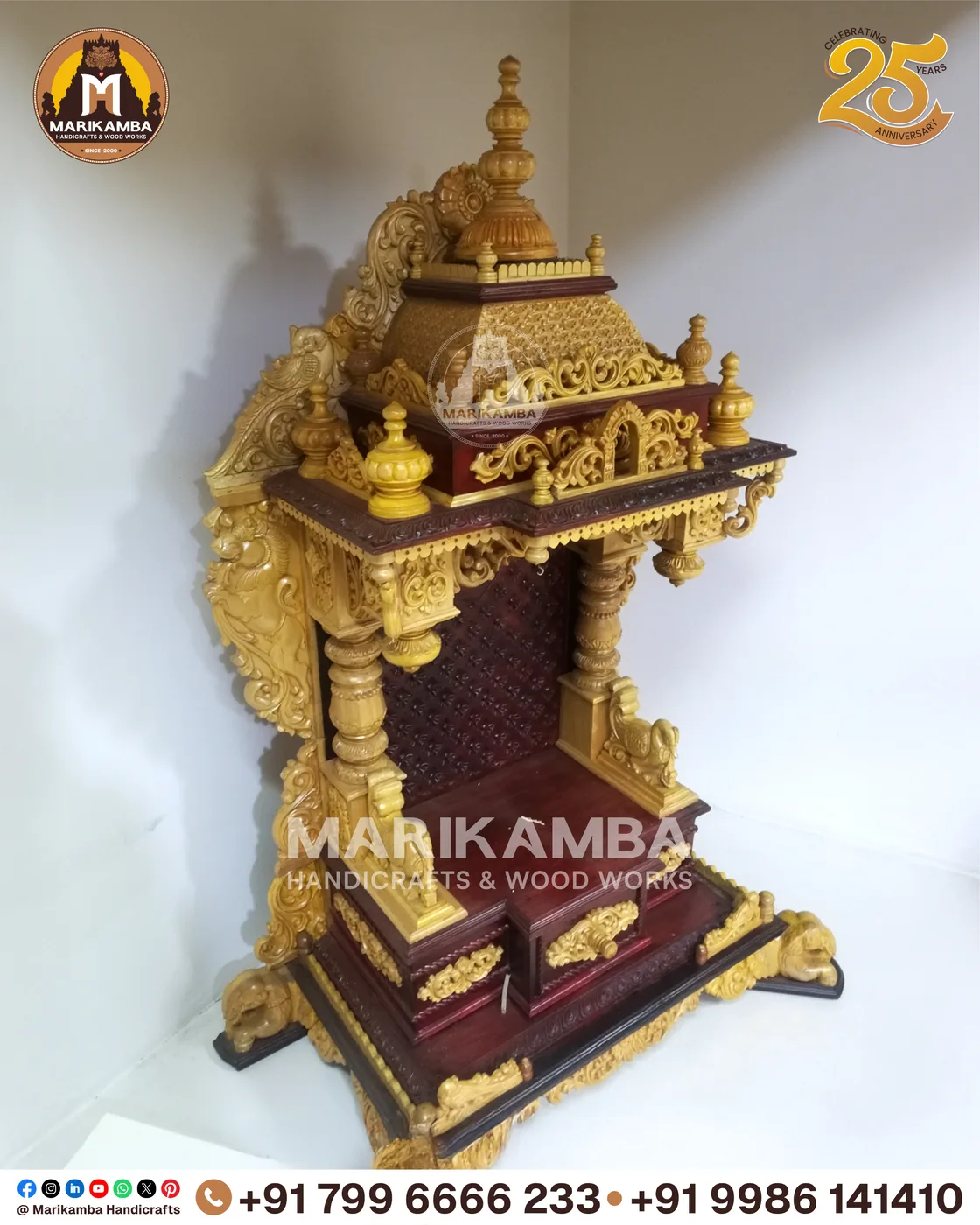 Temple-style wooden mantapa with pilasters, brackets and hand-chiselled detailing