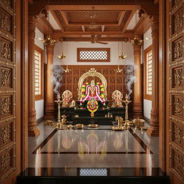 Complete prayer room reference with wooden mandap, jaali doors and lamp niches (reference 14)
