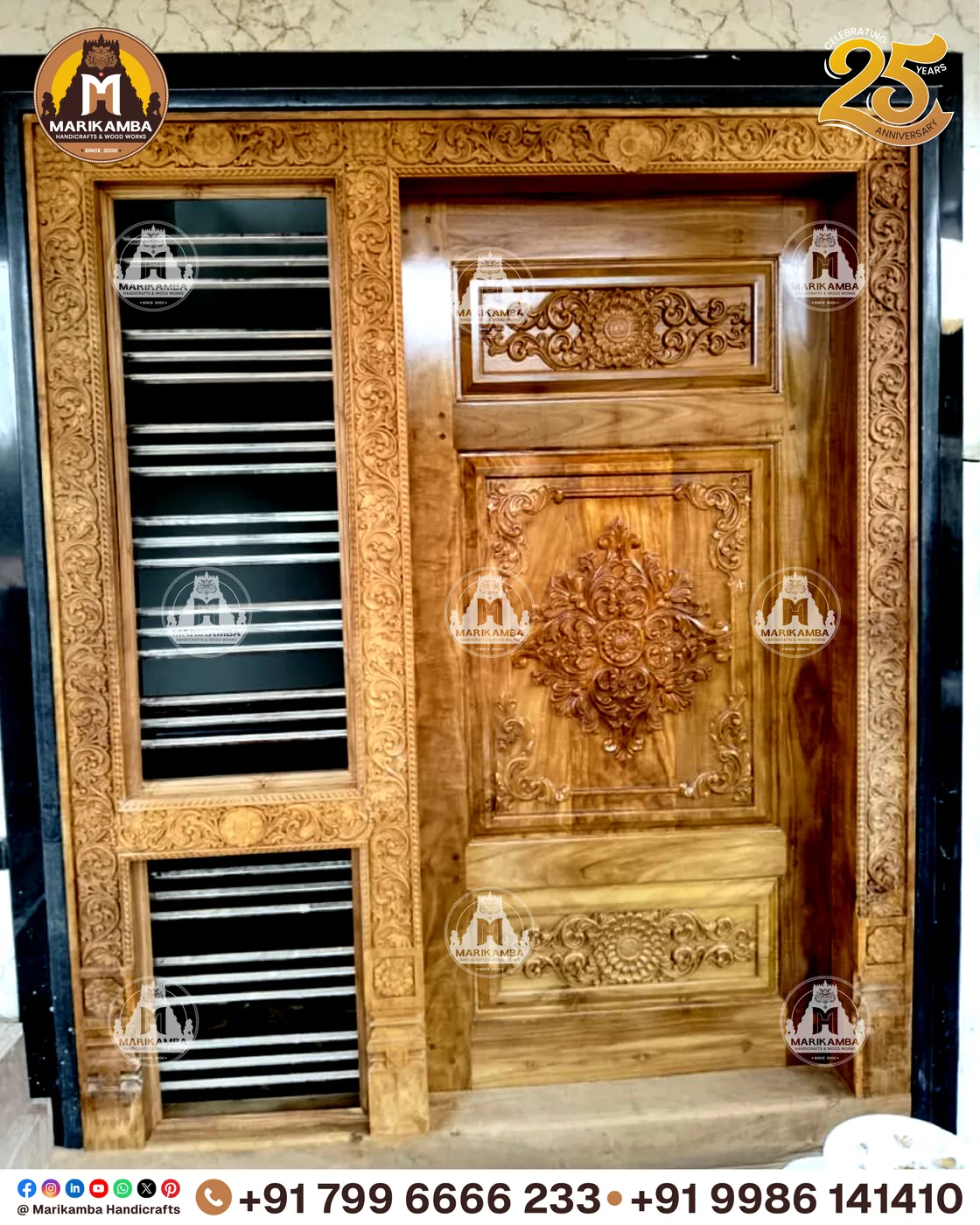 Double-leaf carved door with deity relief panels and brass-fitted joinery — piece 74 of the collection