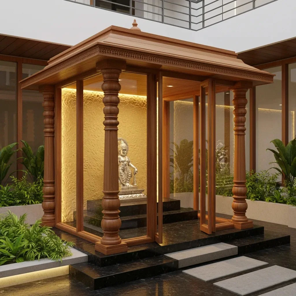 Walk-in pooja unit design reference with carved doors and internal shelving (reference 13)