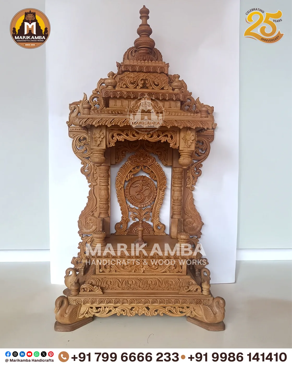 Carved teak pooja mandira finished in a warm natural sheen, ready for installation — piece 20 of the collection