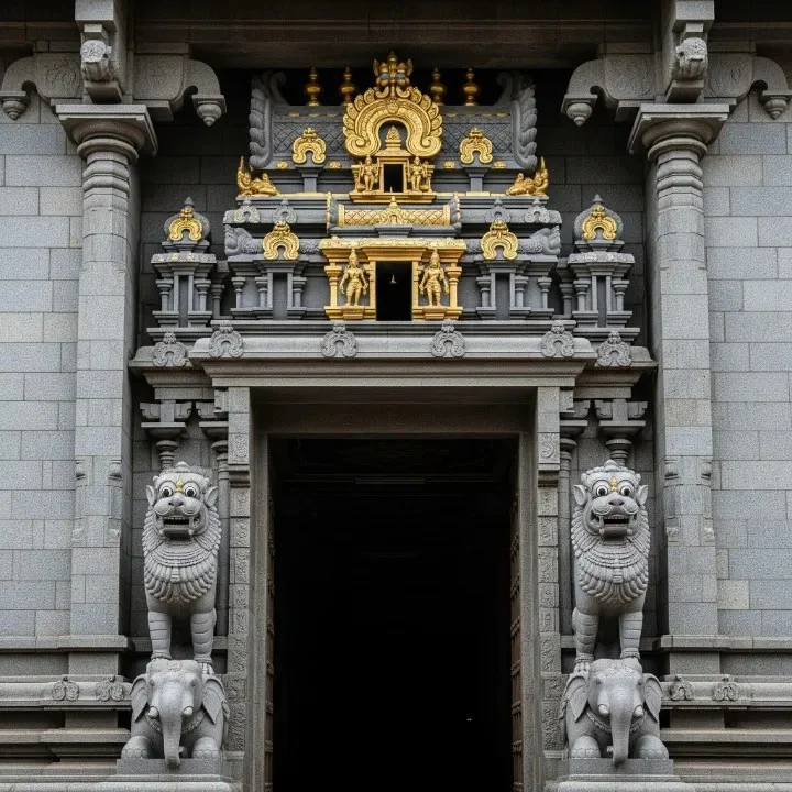 Courtyard seating area framed by carved wooden pillars and railings (reference 18)