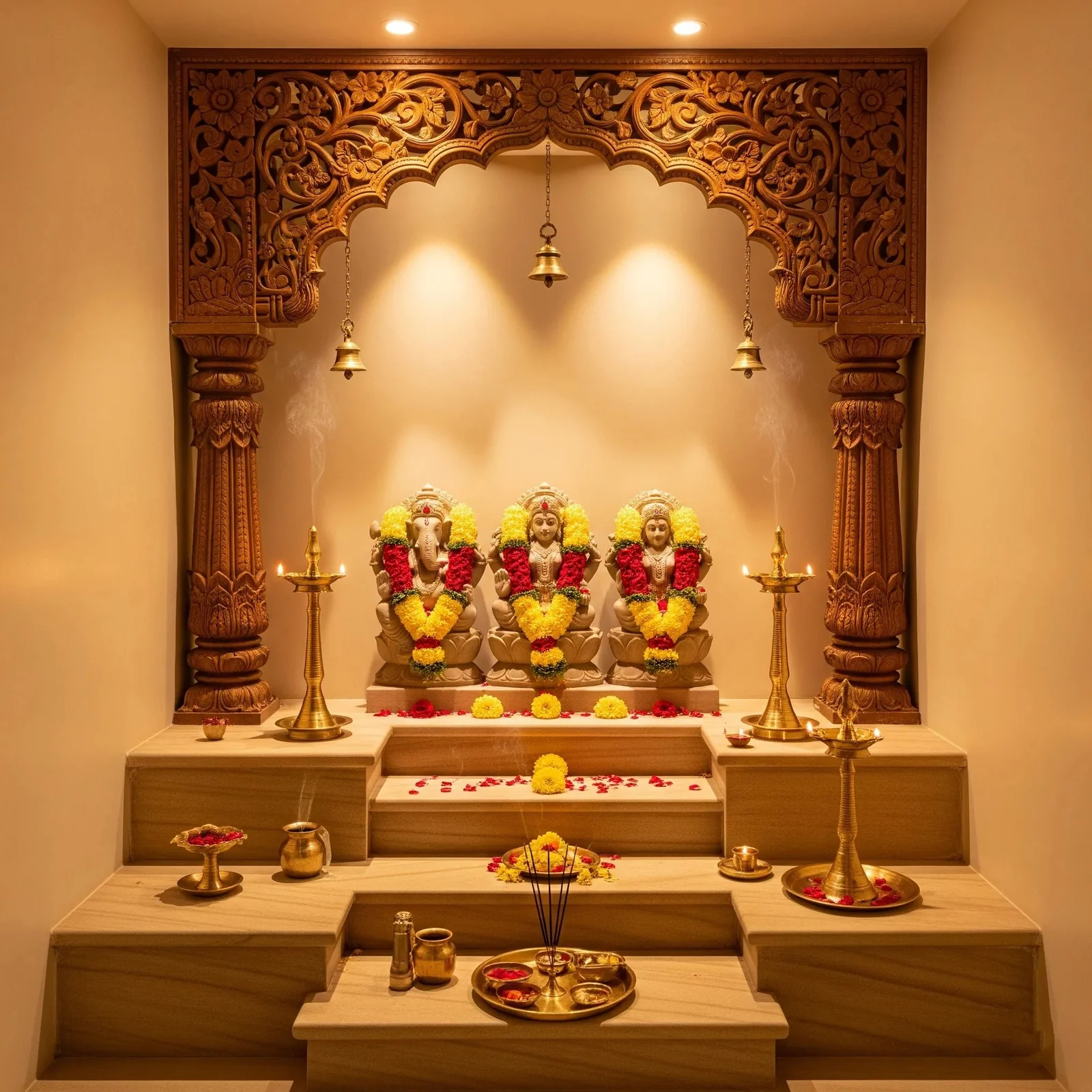 Carved wooden back wall design for a pooja space, with temple-arch panelling (reference 07)