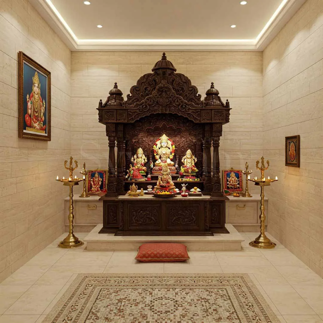 Wooden mandir design reference showing carved pillars, arch and base storage (reference 23)
