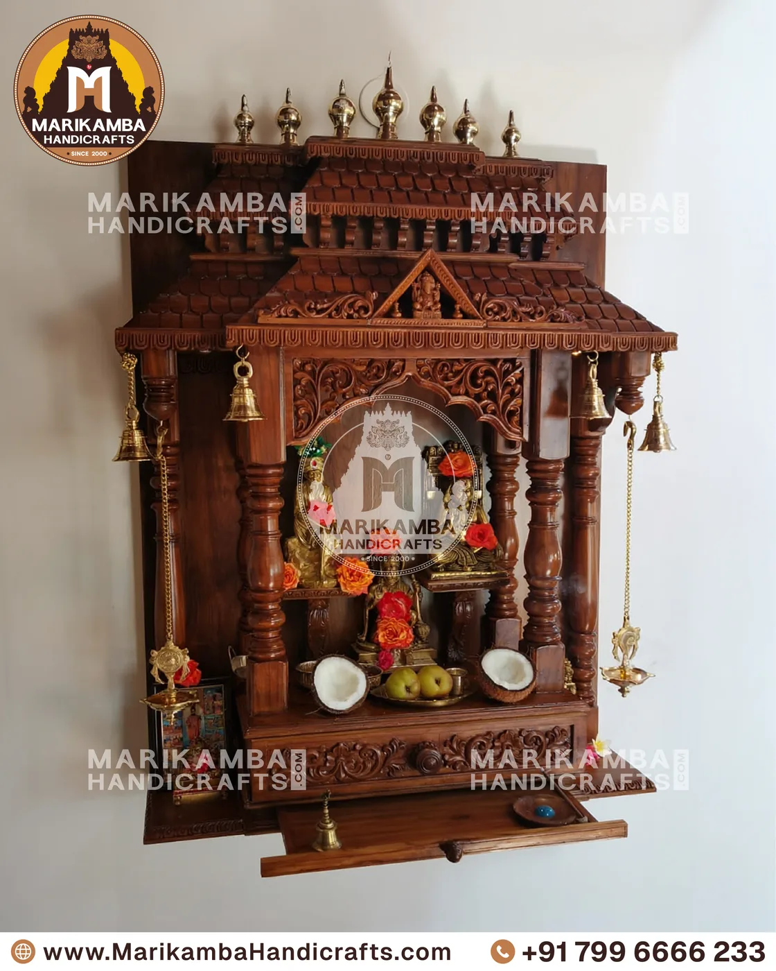 Compact wooden pooja unit with carved doors, drawers and a bell-motif valance — piece 66 of the collection