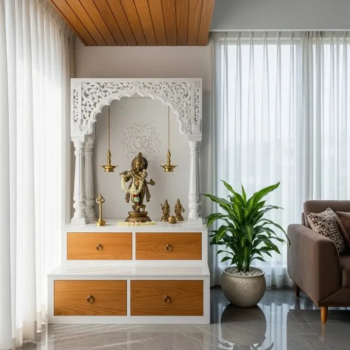 Temple-style mandap design with turned pillars and a gopuram-style roof