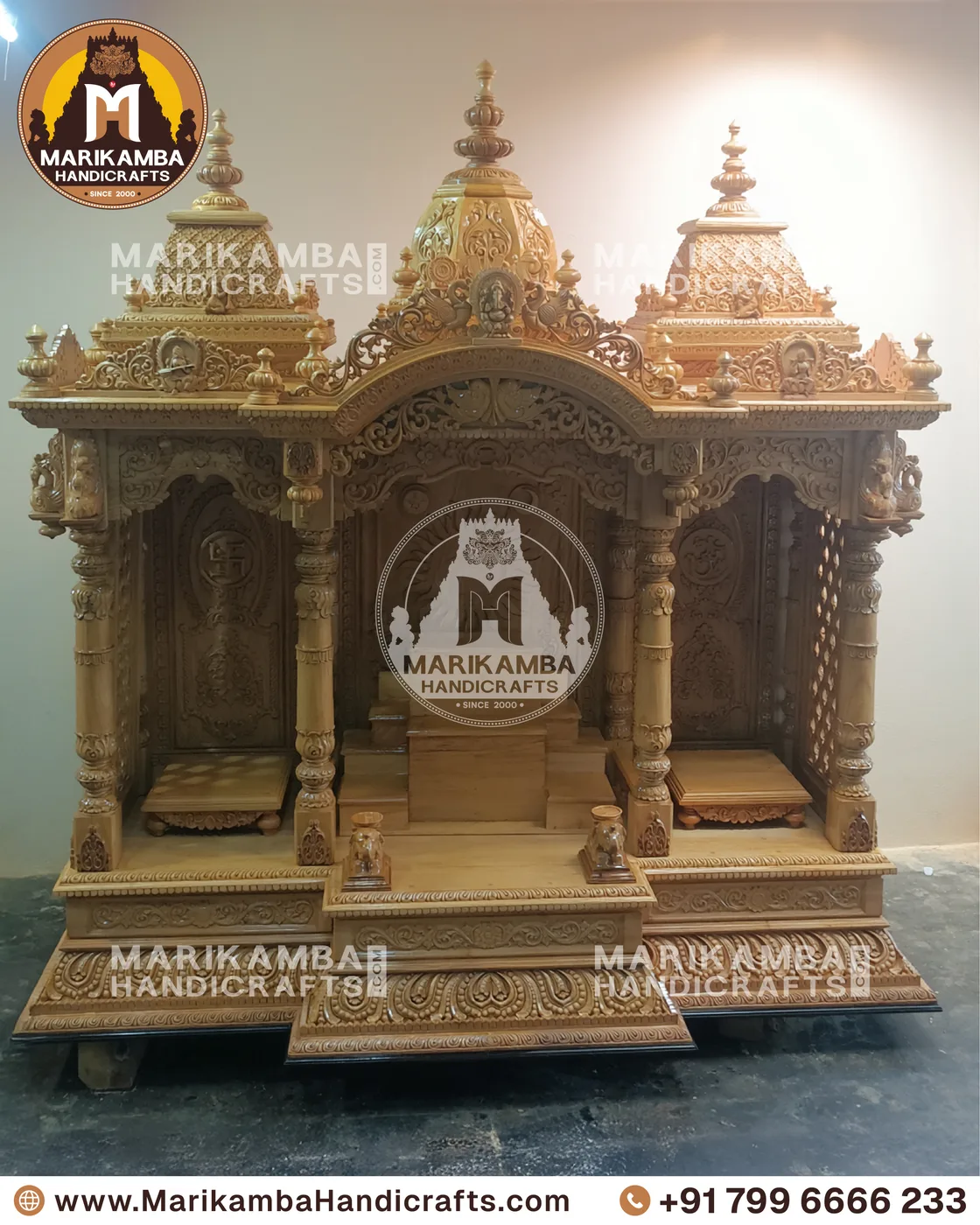 Teakwood pooja mandira with a carved gopuram crown, handmade at the Marikamba atelier in Sirsi — piece 91 of the collection