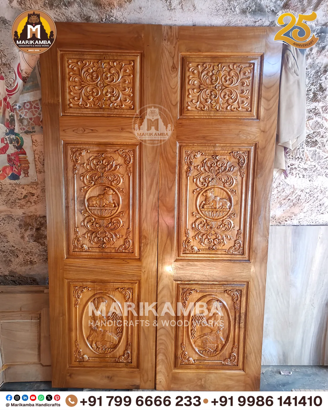 Entrance door and frame set, carved and finished at the Marikamba workshop — piece 19 of the collection