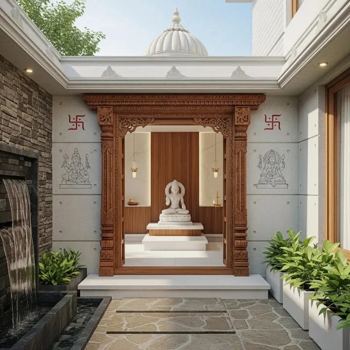 Traditional Indian courtyard reference with carved timber pillars and sloping roof (reference 04)