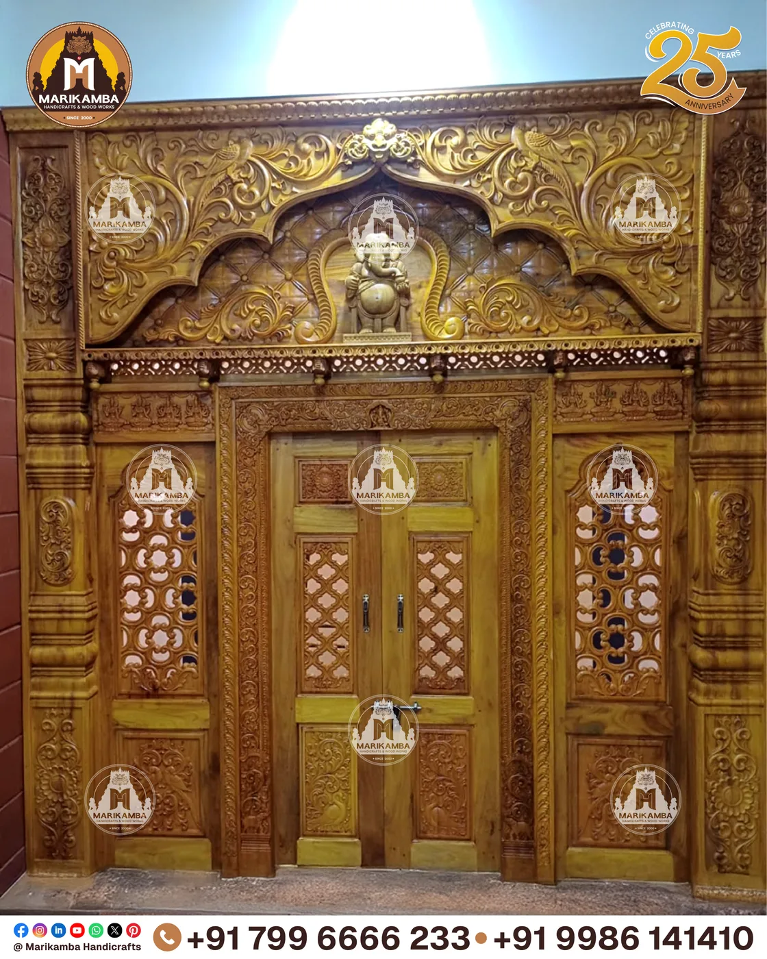 Entrance door and frame set, carved and finished at the Marikamba workshop — piece 69 of the collection