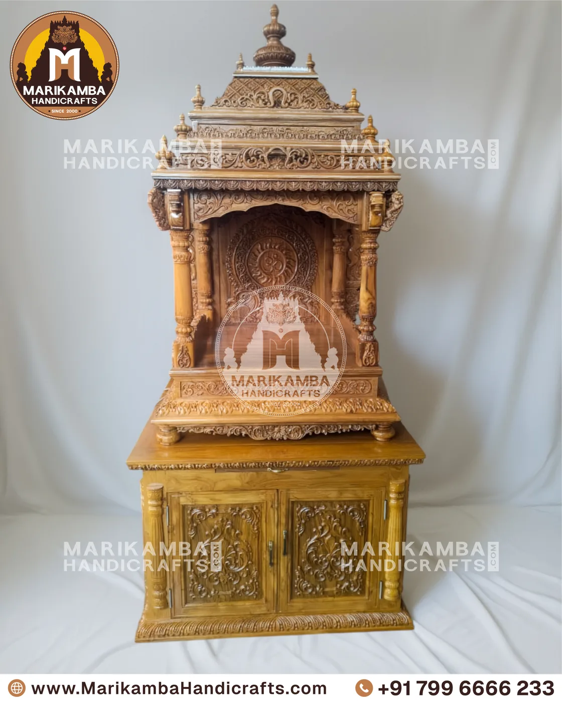 Teakwood pooja mandira with a carved gopuram crown, handmade at the Marikamba atelier in Sirsi — piece 111 of the collection