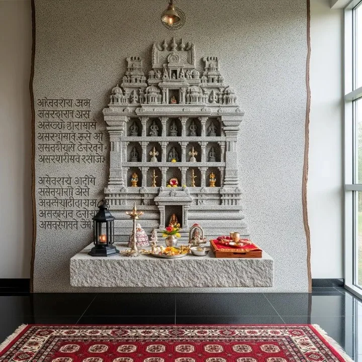 Carved wooden back wall design for a pooja space, with temple-arch panelling (reference 04)