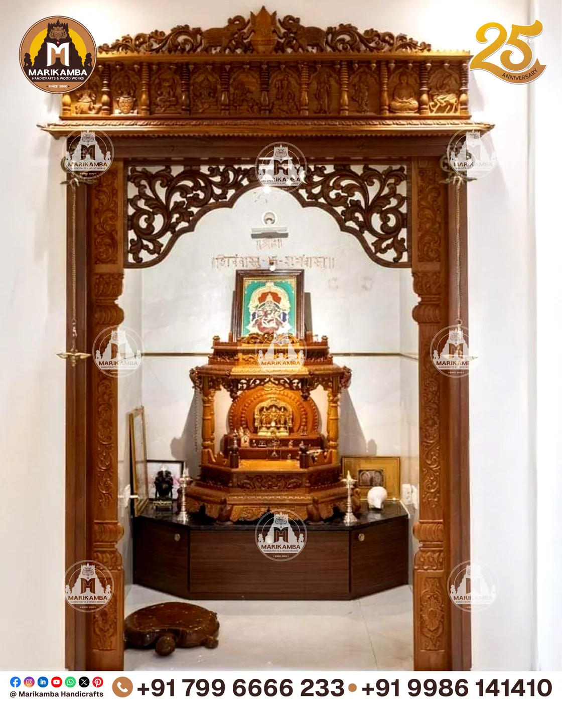 Double-leaf carved door with deity relief panels and brass-fitted joinery — piece 64 of the collection