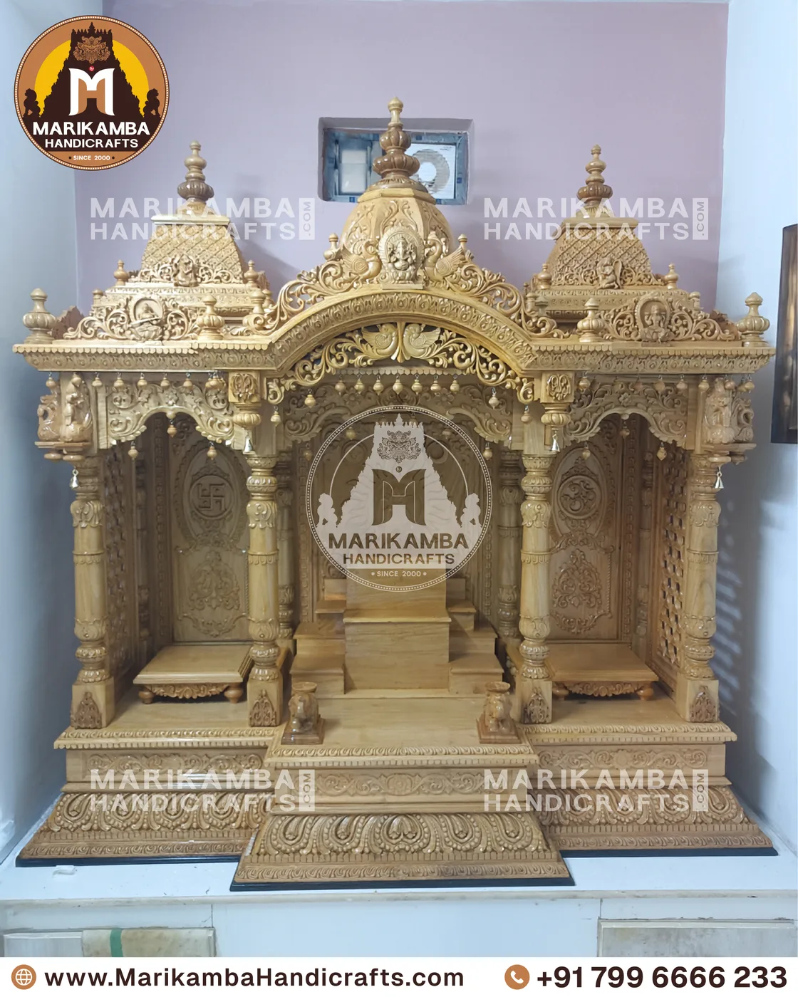 Pooja mandira front elevation showing carved side panels and a raised deity platform — piece 85 of the collection