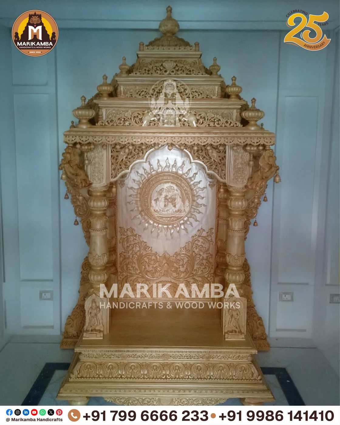 Full-height wooden mandir with stepped tower, side jaali panels and storage base — piece 29 of the collection