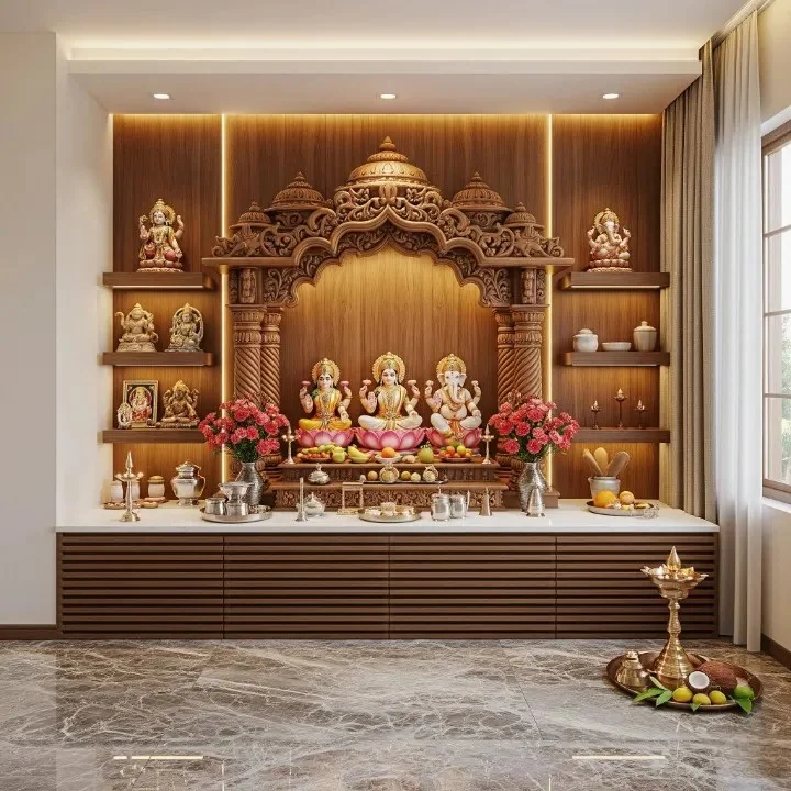 Carved wooden mandap design reference with pillars, arch and tiered crown (reference 07)