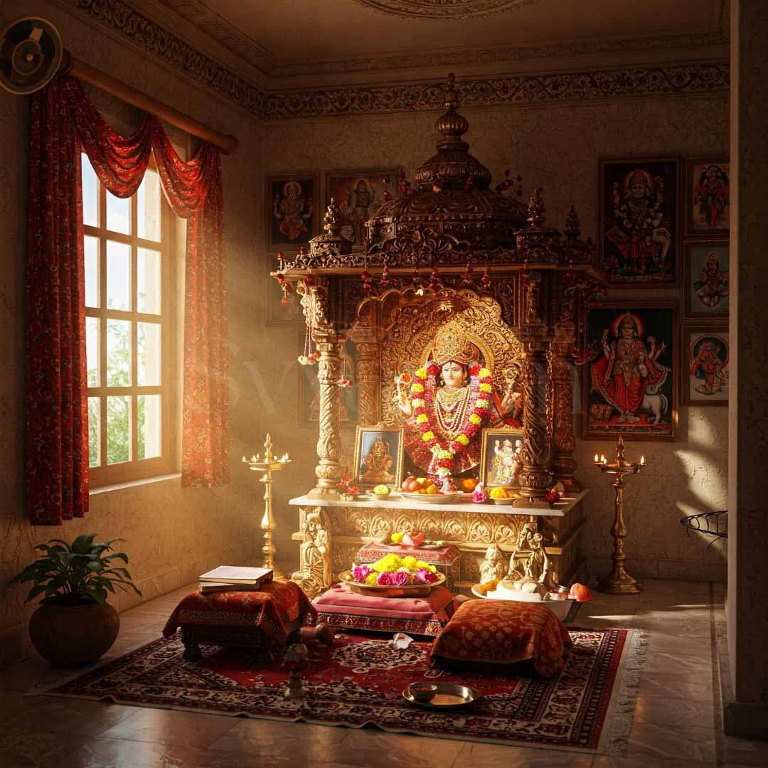 Carved wooden pooja unit design reference with panelled doors and a deity niche (reference 28)