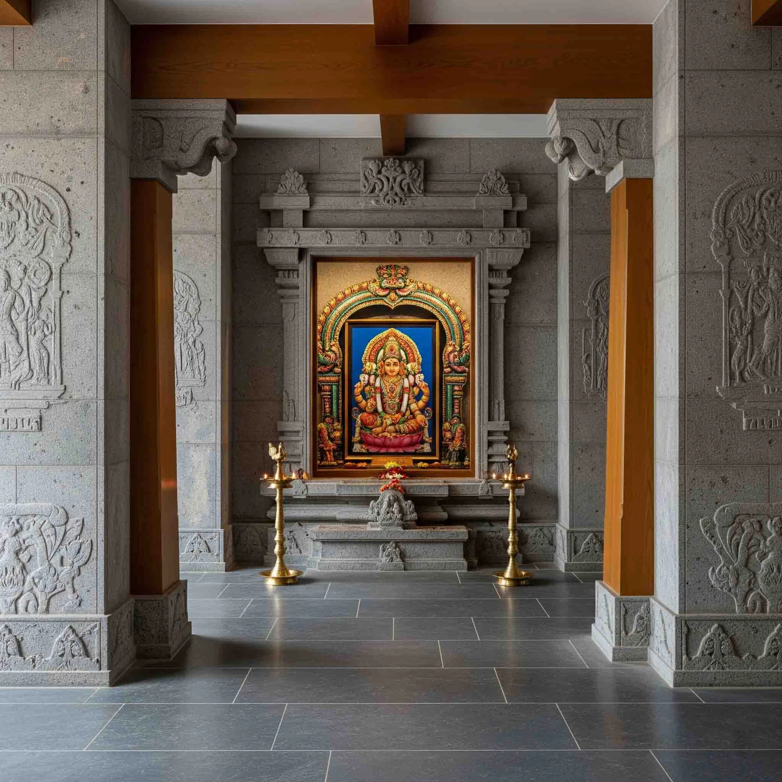 Carved wooden pooja unit design reference with panelled doors and a deity niche (reference 46)