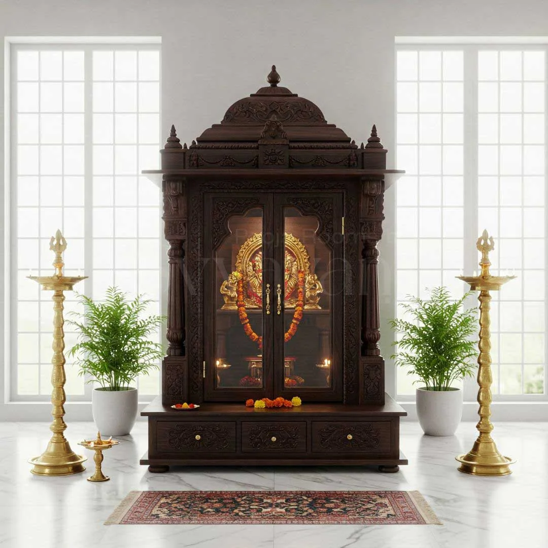 Carved wooden pooja unit design reference with panelled doors and a deity niche (reference 04)