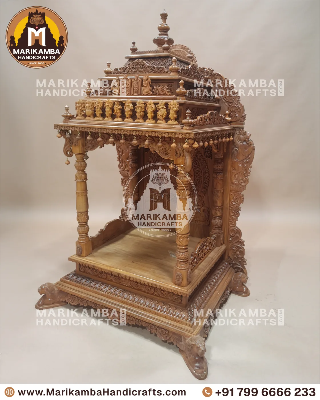 Teakwood pooja mandira with a carved gopuram crown, handmade at the Marikamba atelier in Sirsi — piece 81 of the collection