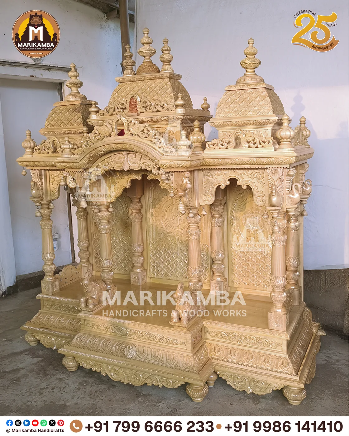 Traditional wooden mandir for the home, with kalasha finials and deep relief carving — piece 34 of the collection