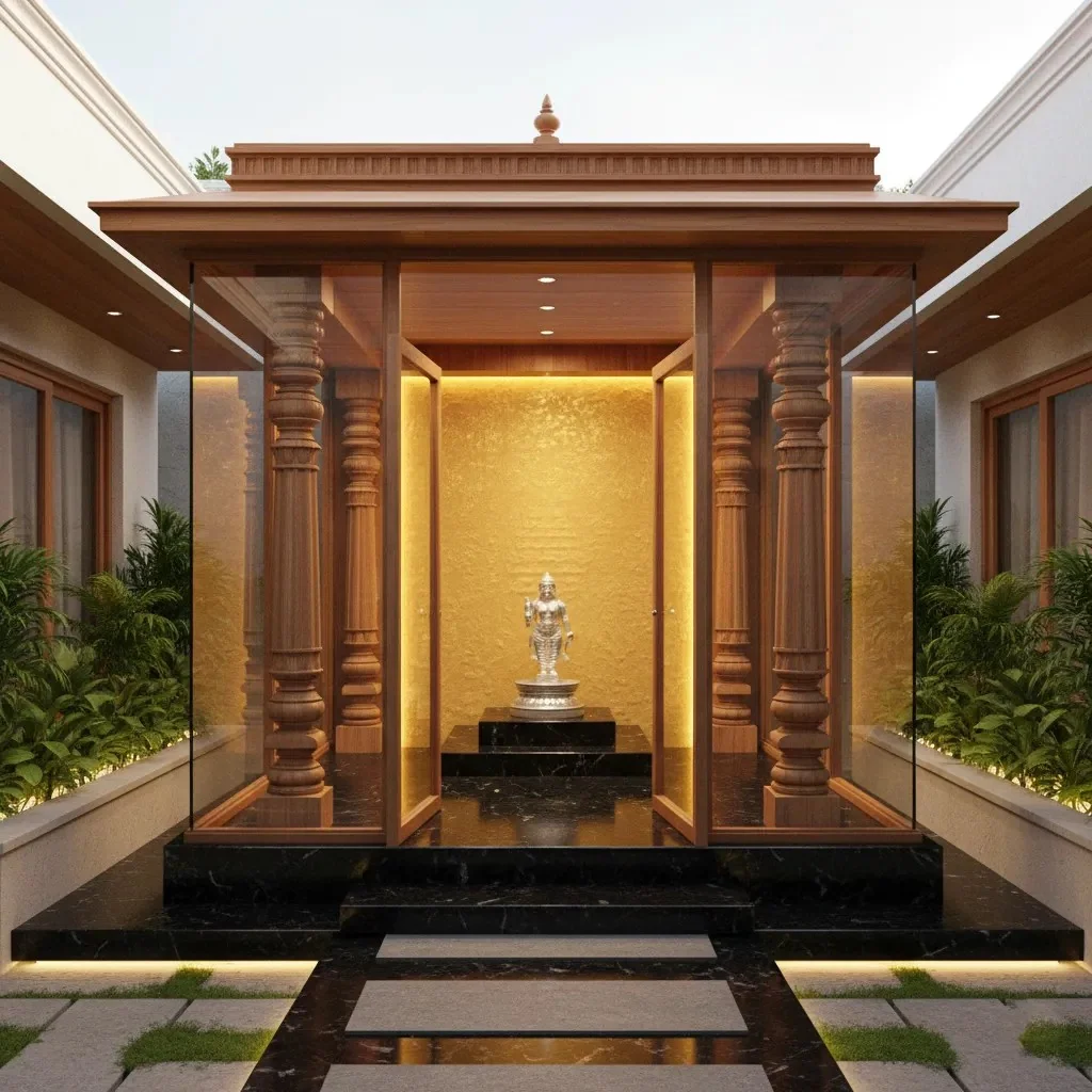 Walk-in prayer unit reference with carved jaali doors and a lit deity niche (reference 14)