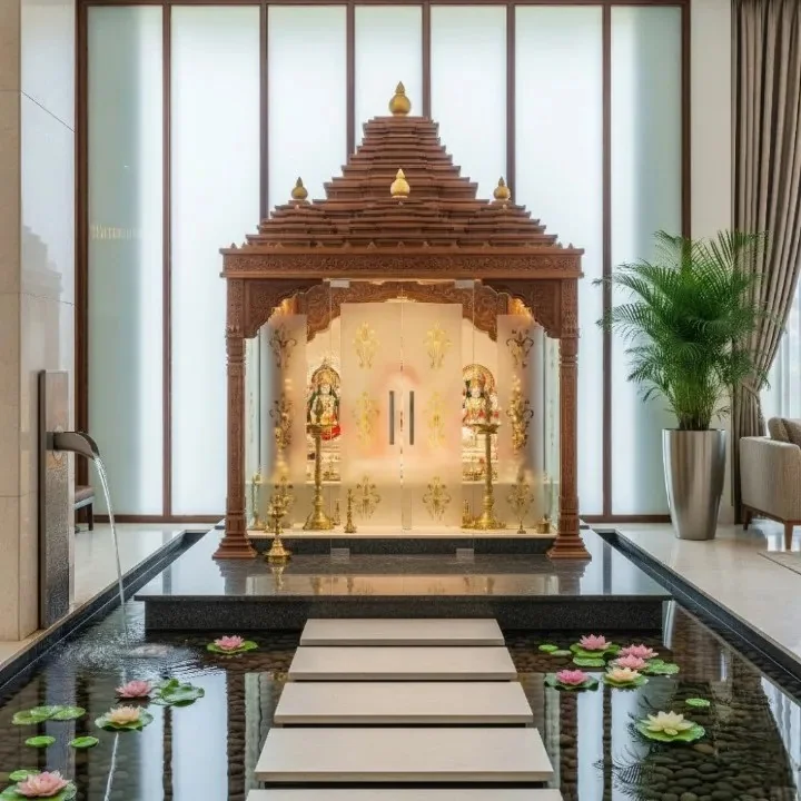 Walk-in prayer unit reference with carved jaali doors and a lit deity niche (reference 05)