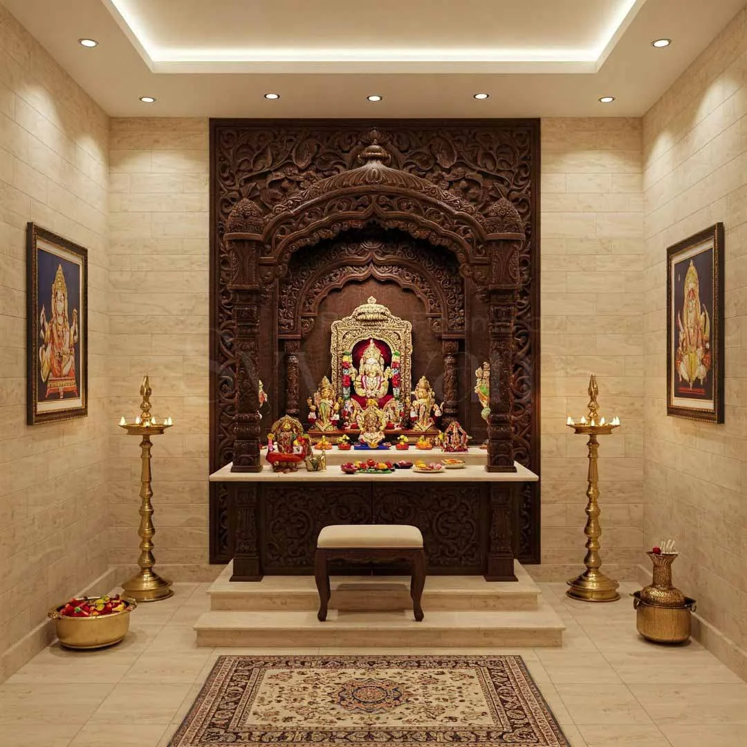 Wooden mandir design reference showing carved pillars, arch and base storage (reference 26)