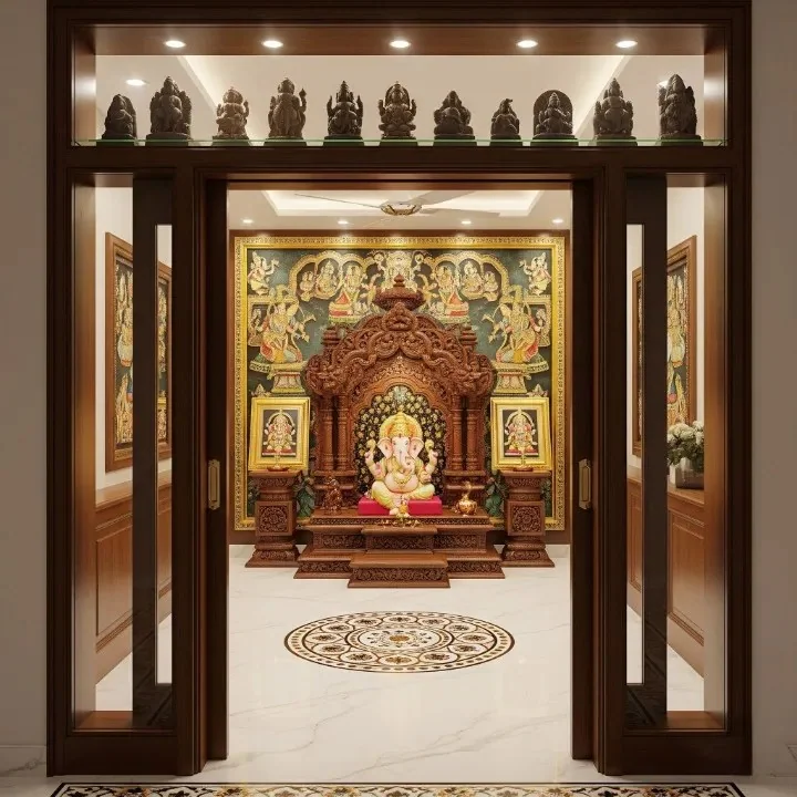 Full pooja room design reference with carved mandir, back wall and ceiling work (reference 19)