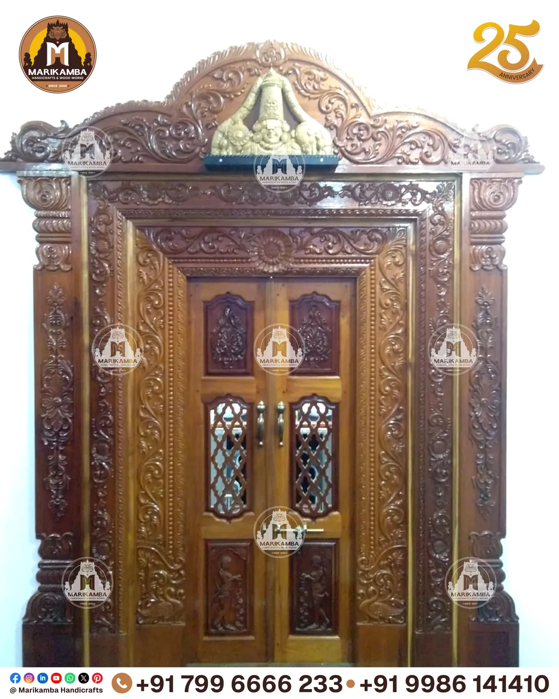 Carved wooden door panel with geometric and floral relief work