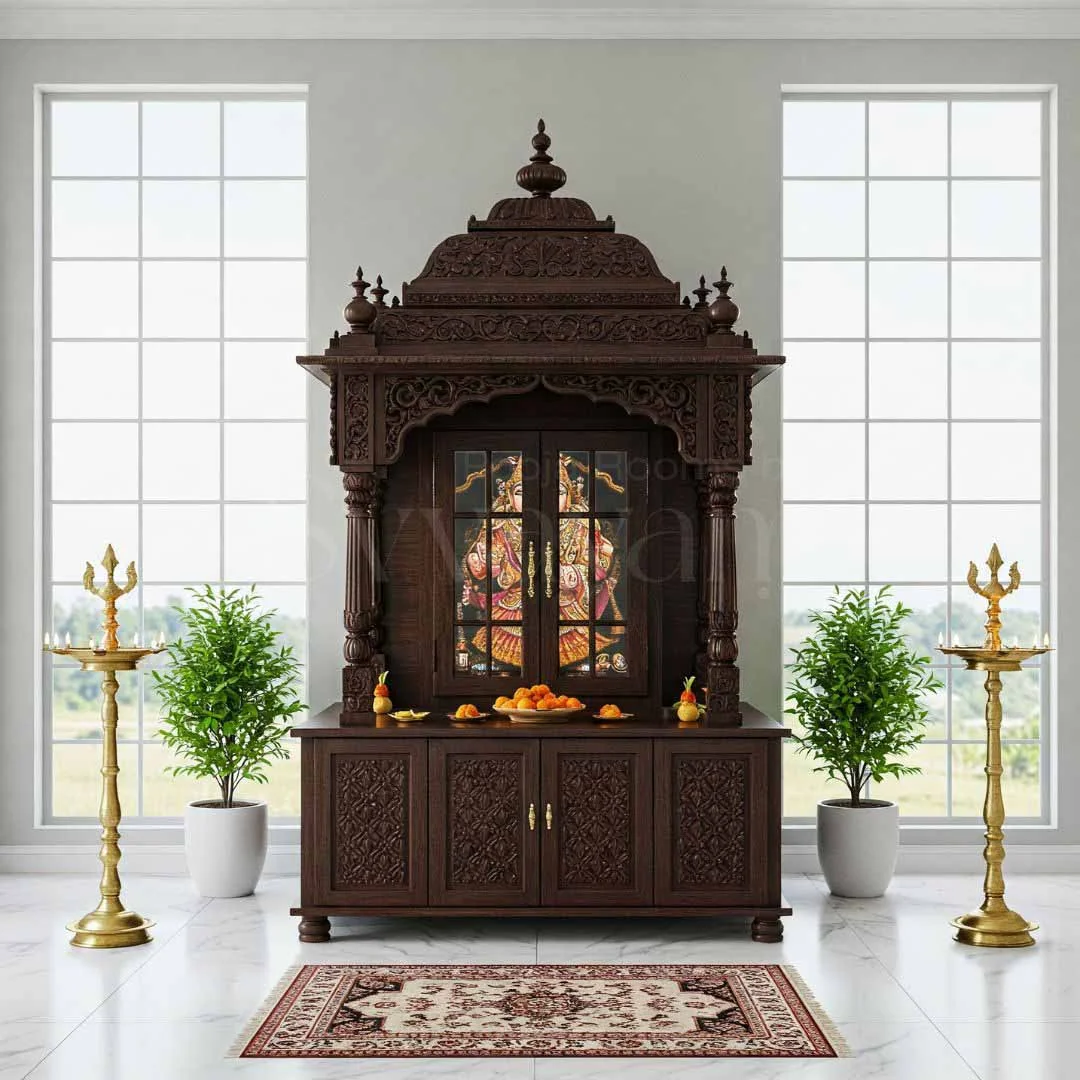 Wooden mandir design reference showing carved pillars, arch and base storage (reference 05)