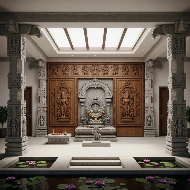 Pooja room back wall reference with carved jaali screens and a deity niche