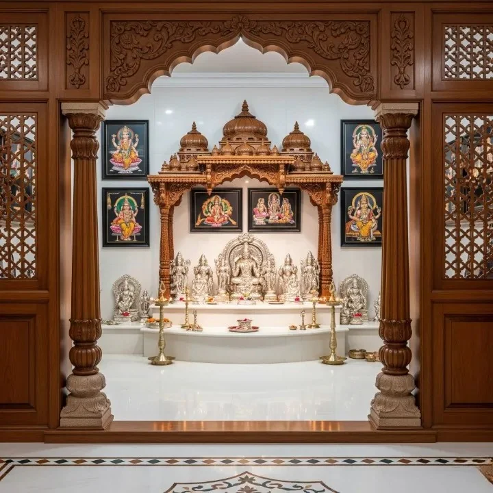Full pooja room design reference with carved mandir, back wall and ceiling work (reference 16)