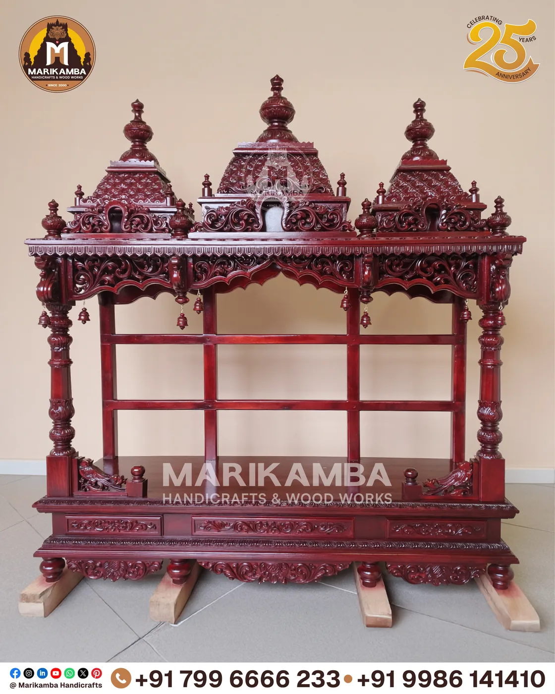 Carved teak pooja mandira finished in a warm natural sheen, ready for installation