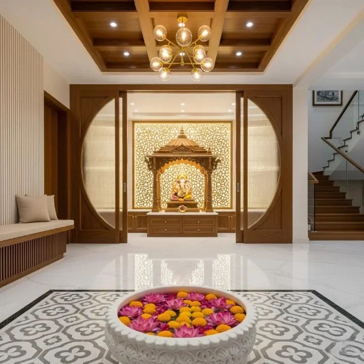 Pooja room interior reference showing carved timber walls and a raised platform
