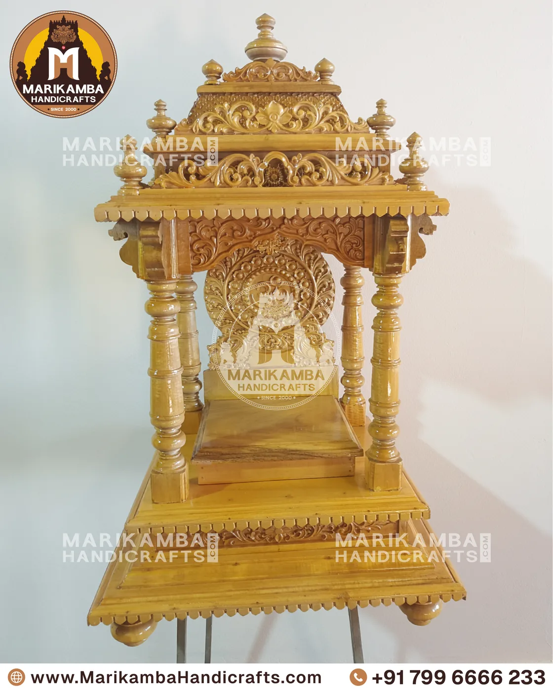 Teakwood pooja mandira with a carved gopuram crown, handmade at the Marikamba atelier in Sirsi — piece 101 of the collection