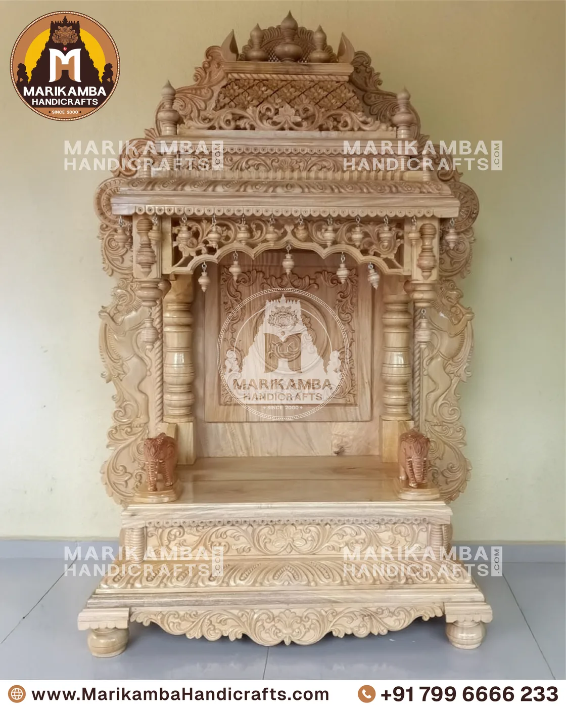 Temple-style wooden mantapa with pilasters, brackets and hand-chiselled detailing — piece 117 of the collection