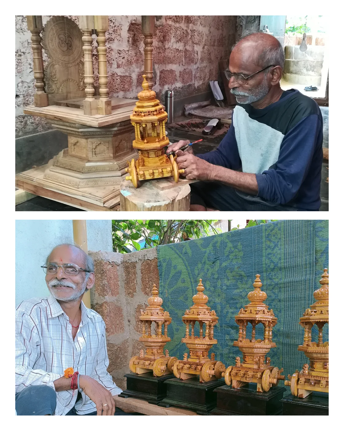 Miniature wooden chariot with a carved dome, brackets and processional platform