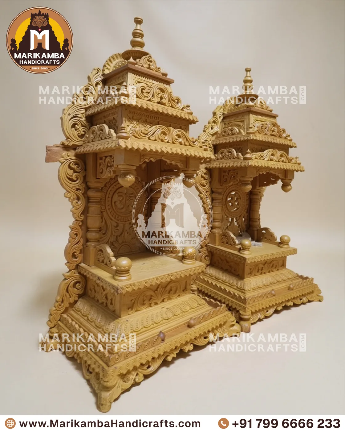 Wooden home mandir with turned pillars and a lotus-carved arch, made in Sirsi, Karnataka — piece 112 of the collection