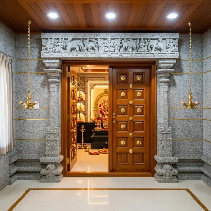 Full pooja room design reference with carved mandir, back wall and ceiling work (reference 10)