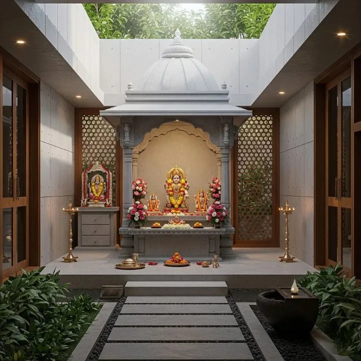 Courtyard seating area framed by carved wooden pillars and railings (reference 24)