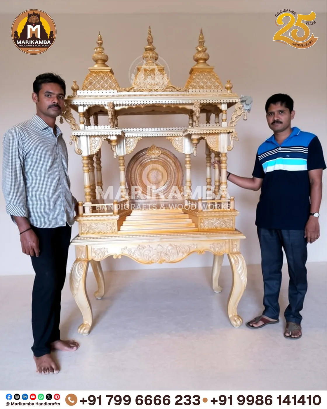 Wooden home mandir with turned pillars and a lotus-carved arch, made in Sirsi, Karnataka