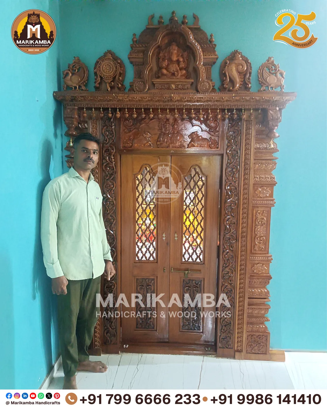 Carved wooden furniture piece with temple-style motifs and turned legs