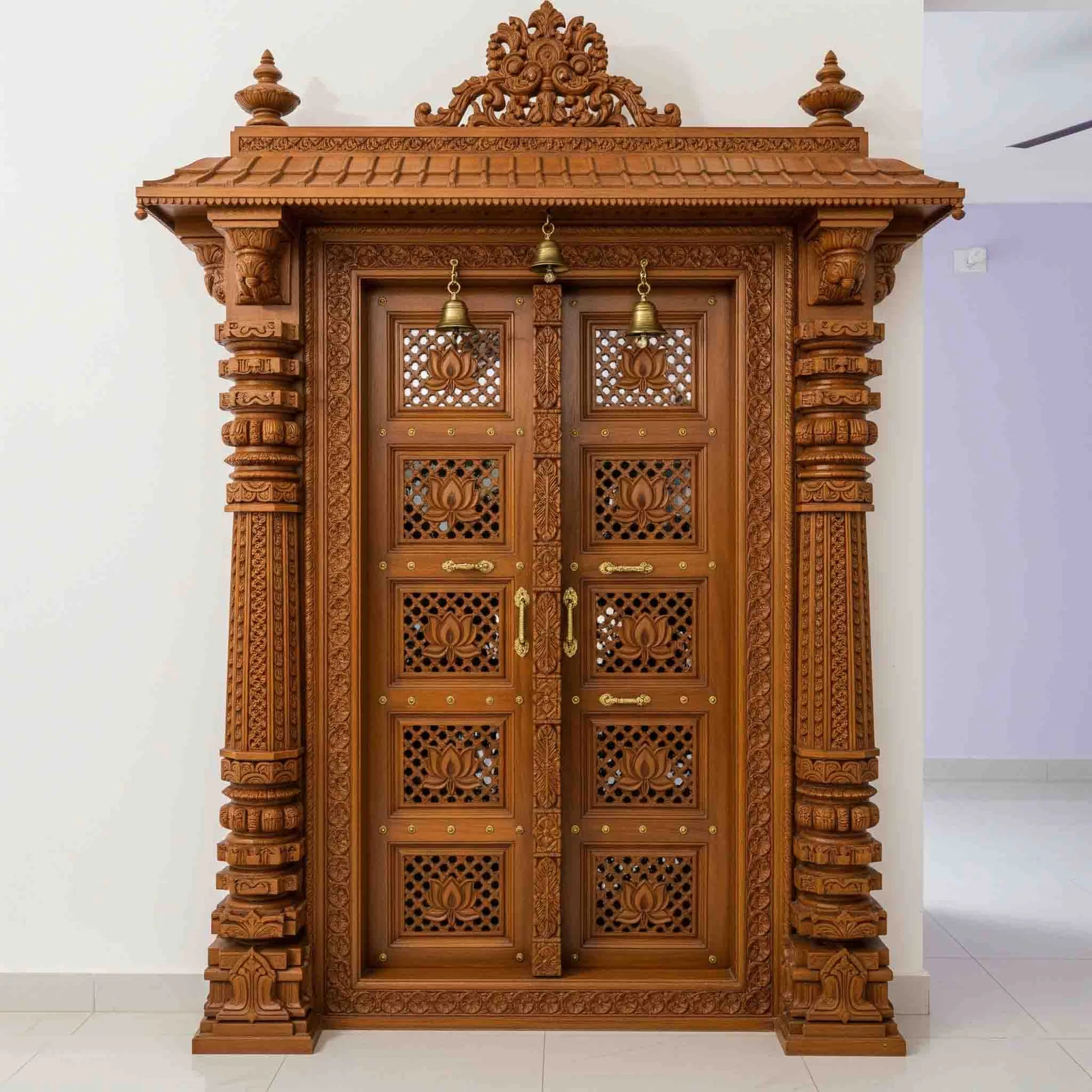 Pooja unit reference with carved top crown, lamp shelf and drawer base (reference 48)