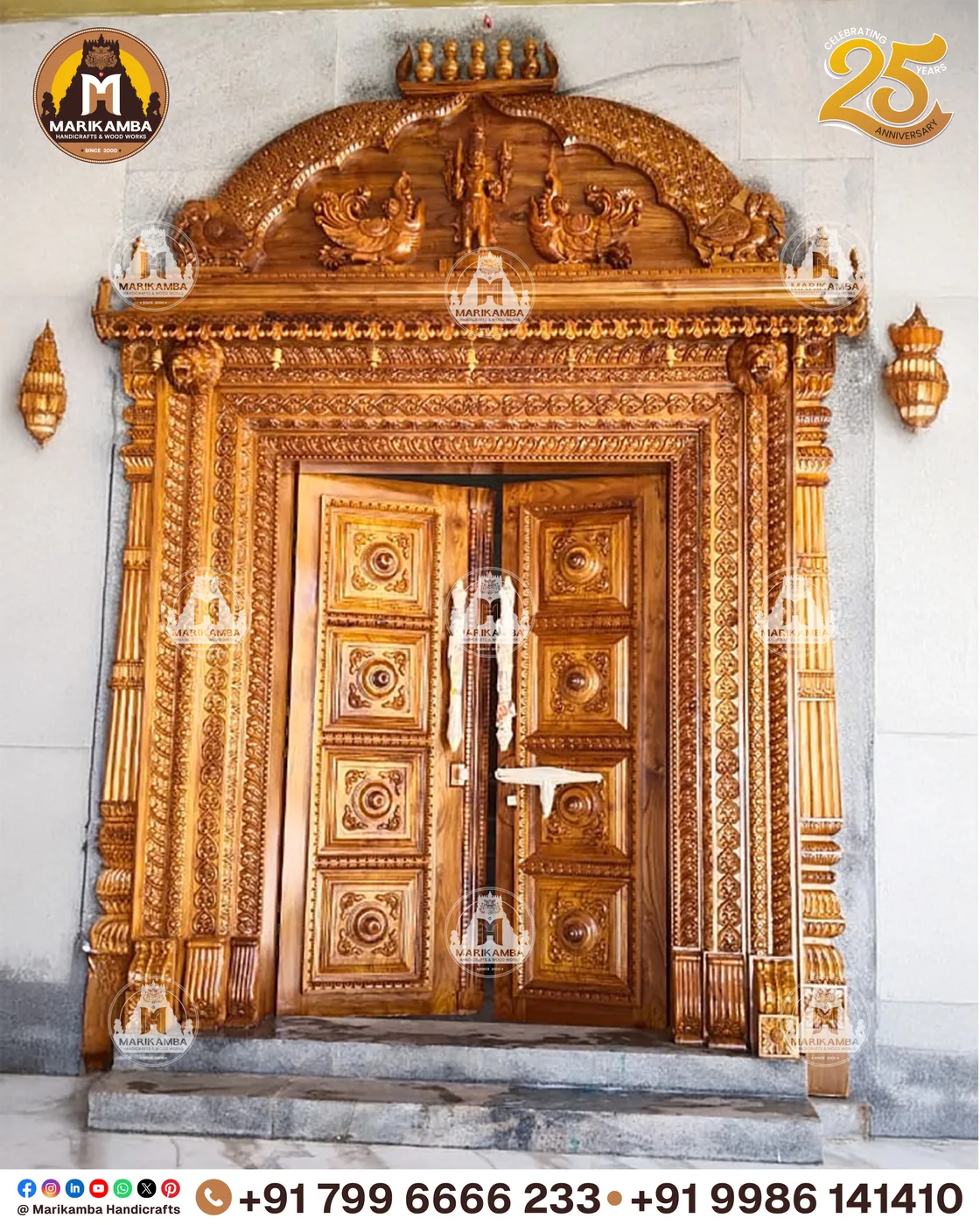 Carved teakwood temple door with figures, lotus bands and heavy frame, made in Sirsi — piece 31 of the collection