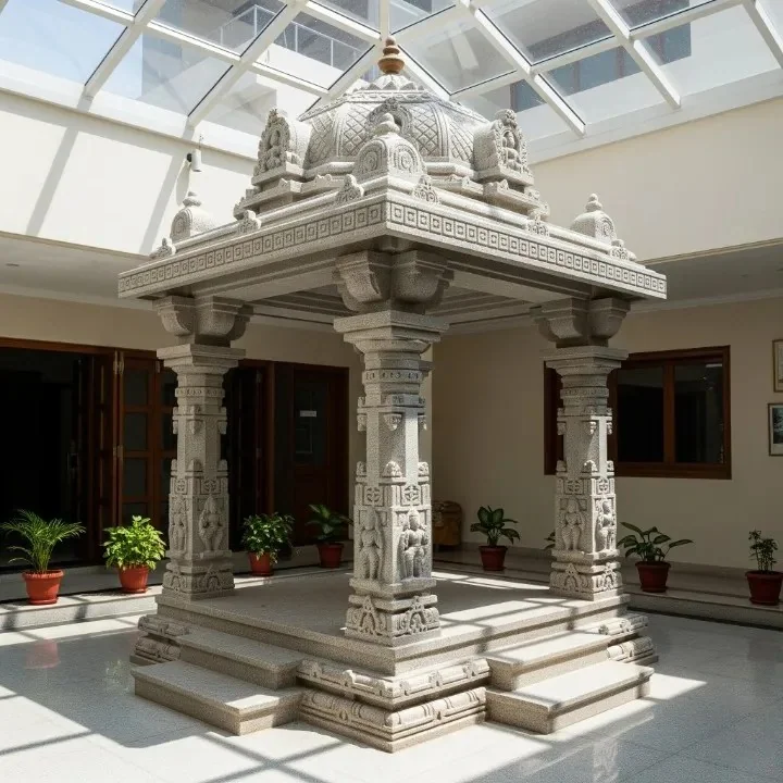 Traditional Indian courtyard reference with carved timber pillars and sloping roof (reference 10)