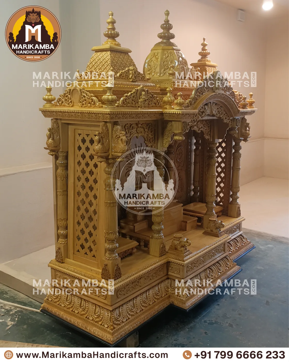 Traditional wooden mandir for the home, with kalasha finials and deep relief carving — piece 84 of the collection