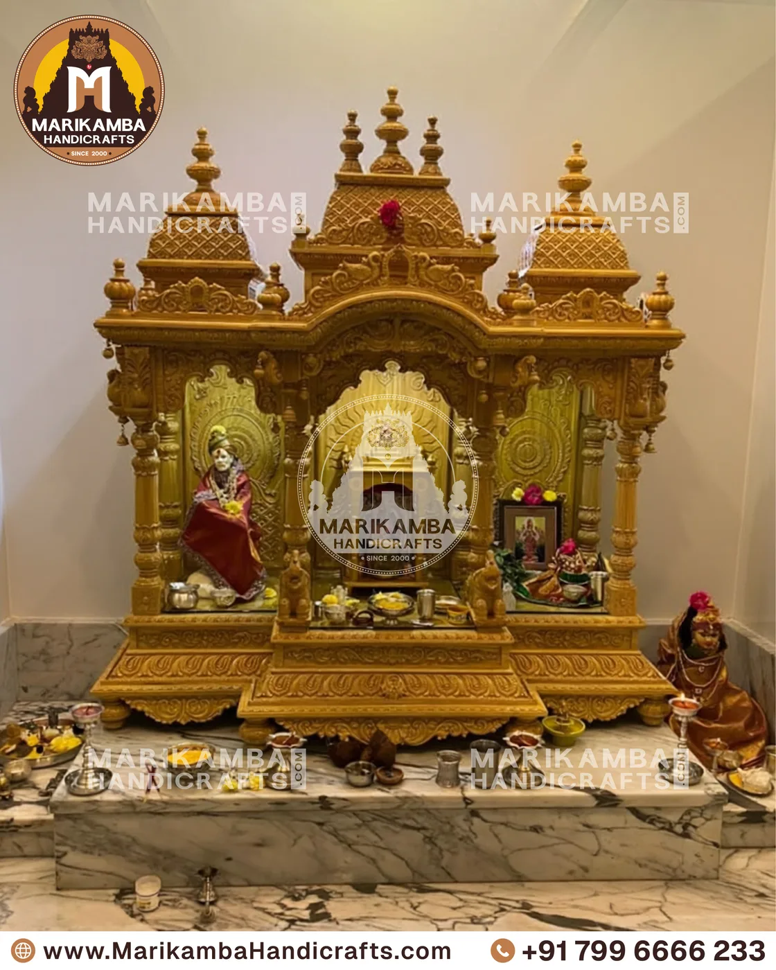 Full-height wooden mandir with stepped tower, side jaali panels and storage base — piece 89 of the collection